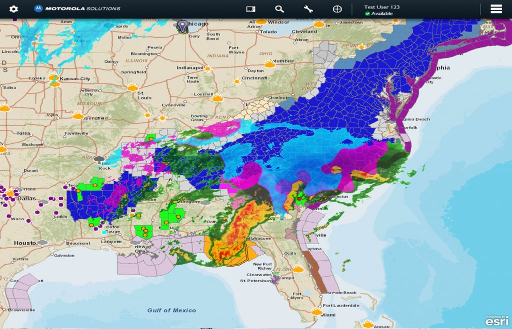 Screenshot from the Motorola Solutions Intelligent Data Portal with AccuWeather real-time weather services, of a winter storm in the Southeast. (Source: Motorola)