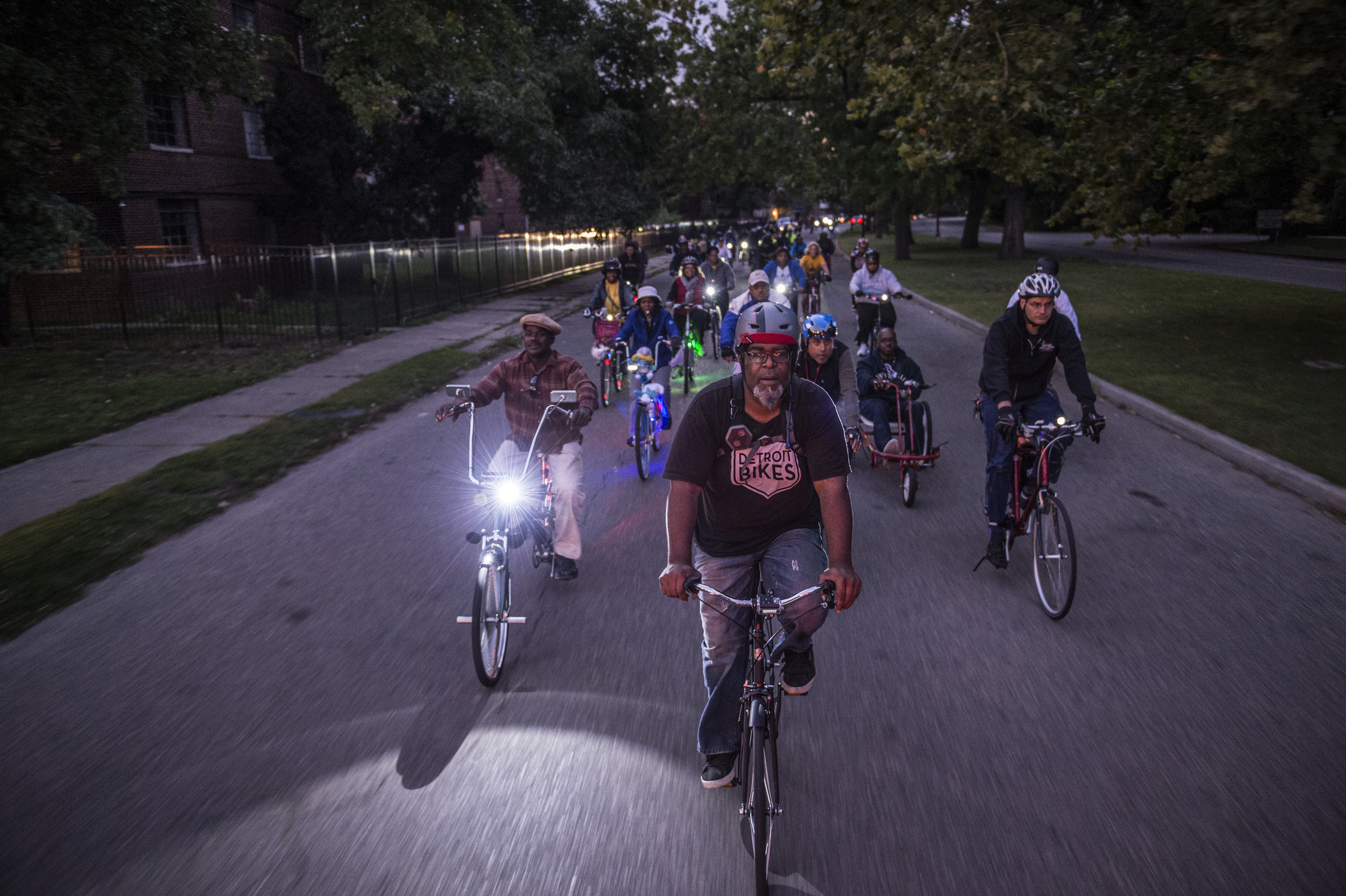 Detroit Bikes master builder Henry Ford II leads a bike ride in Detroit. Photo by Ami Vitale. 