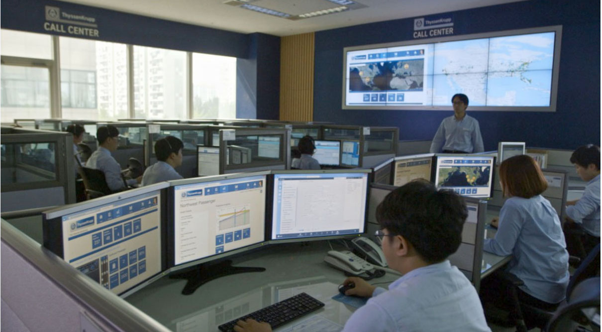 Technicians at ThyssenKrupp’s call center in Seoul, South Korea share the same real-time view of data as field technicians all over the world.