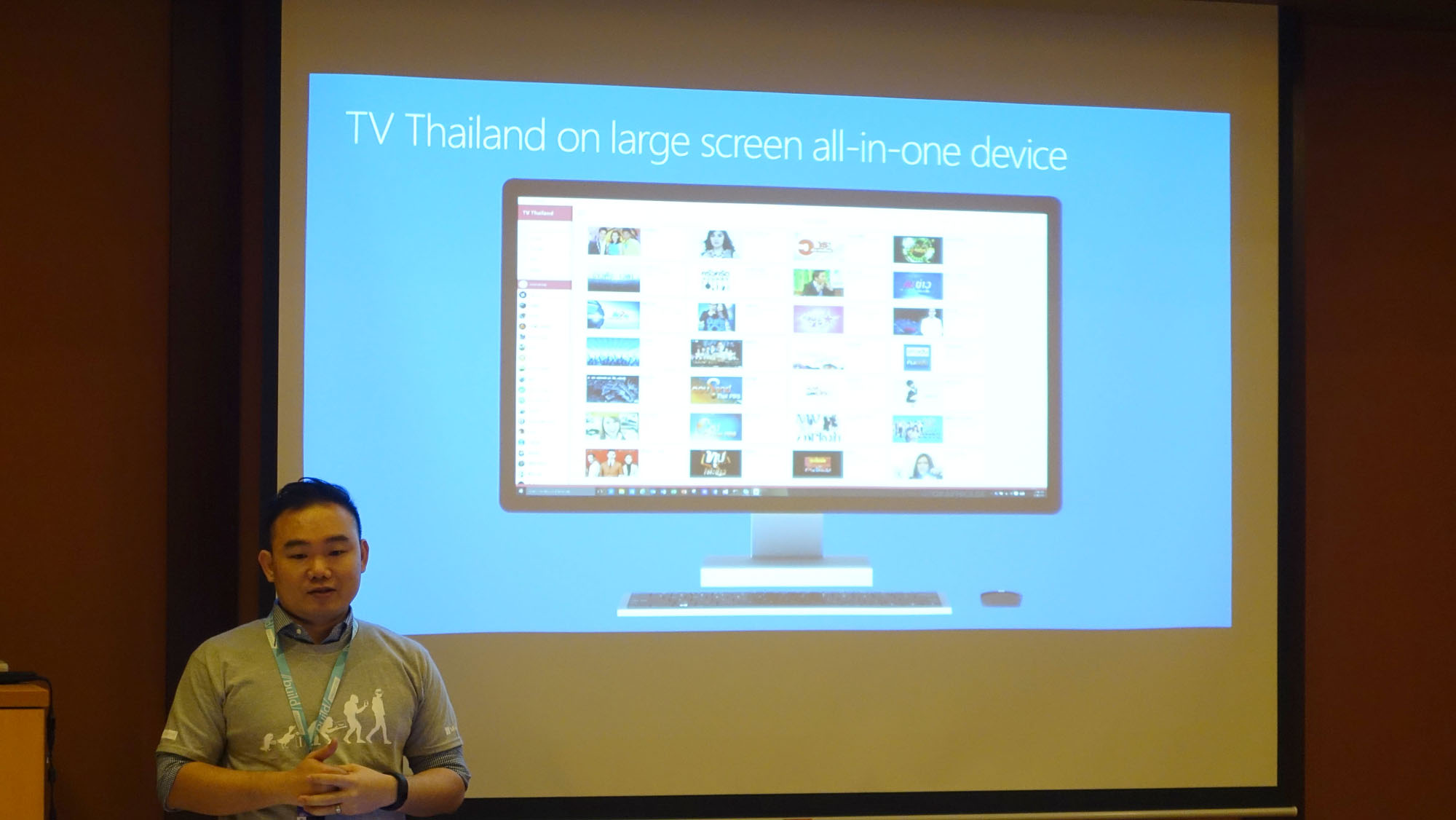 Sanguan Thammarojsakul, Technical Evangelist for Microsoft Thailand, shows off the TV Thailand app which runs on the Universal Windows Platform for Windows 10. This means the app can run across the Windows 10 family of devices from smartphones to desktop PCs. 