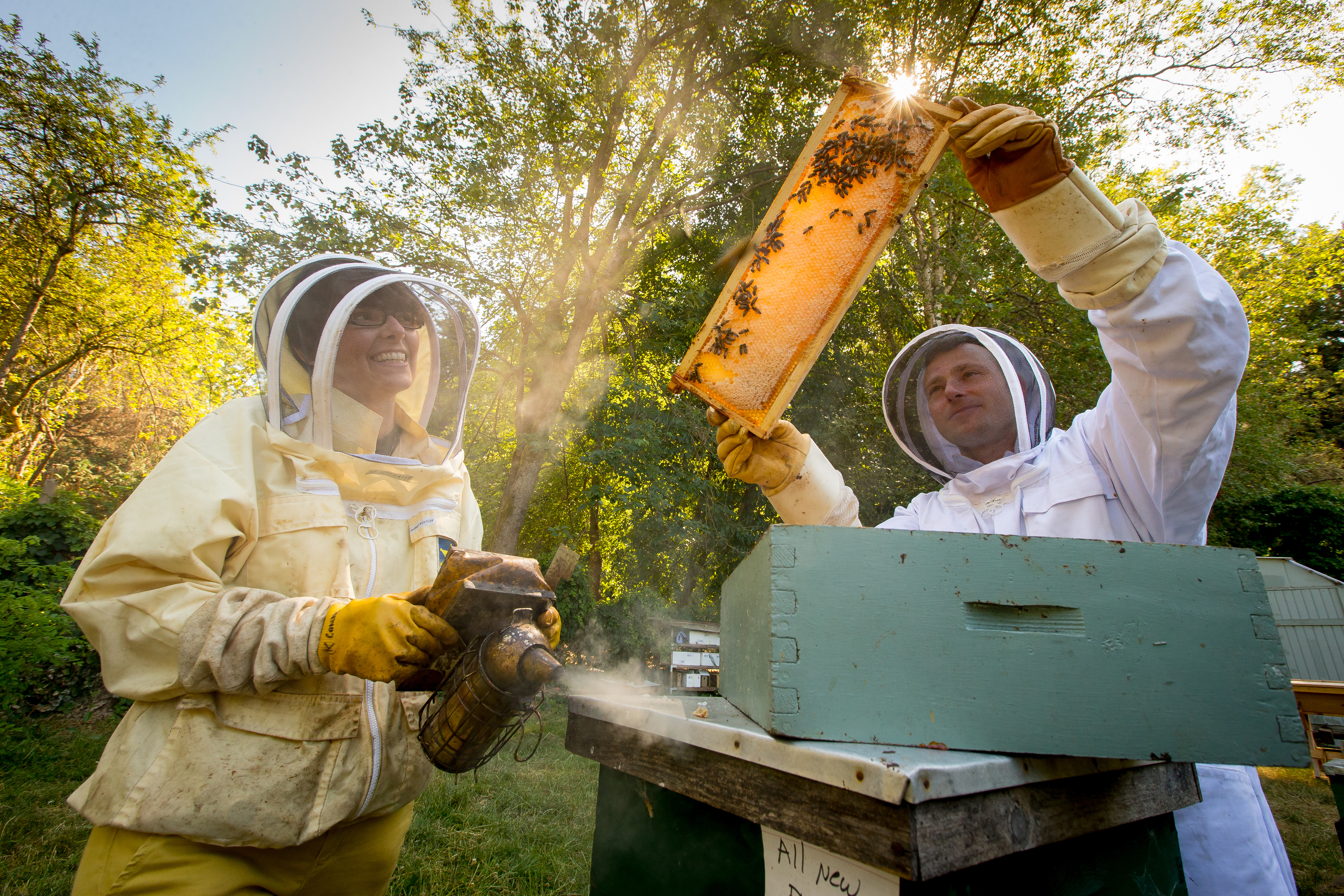 Krista Conner (left) and James O’Gorman inspect hives at the Washington Park Arboretum in PSBA’s apiary. (Photo credit: Scott Eklund/Red Box Pictures.)