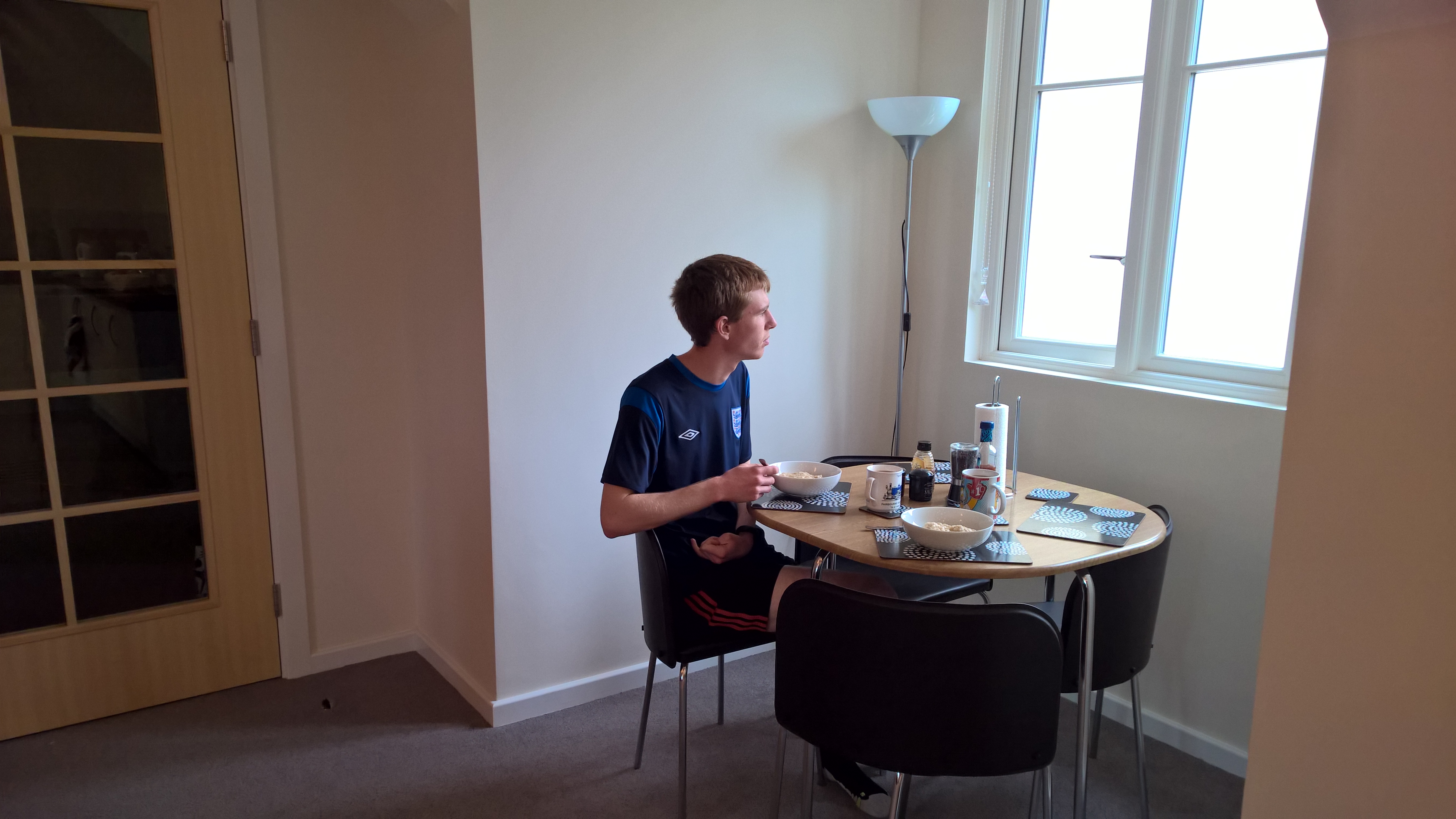 Daniel has breakfast in his apartment on the outskirts of London. (Photo courtesy of Wolff family)