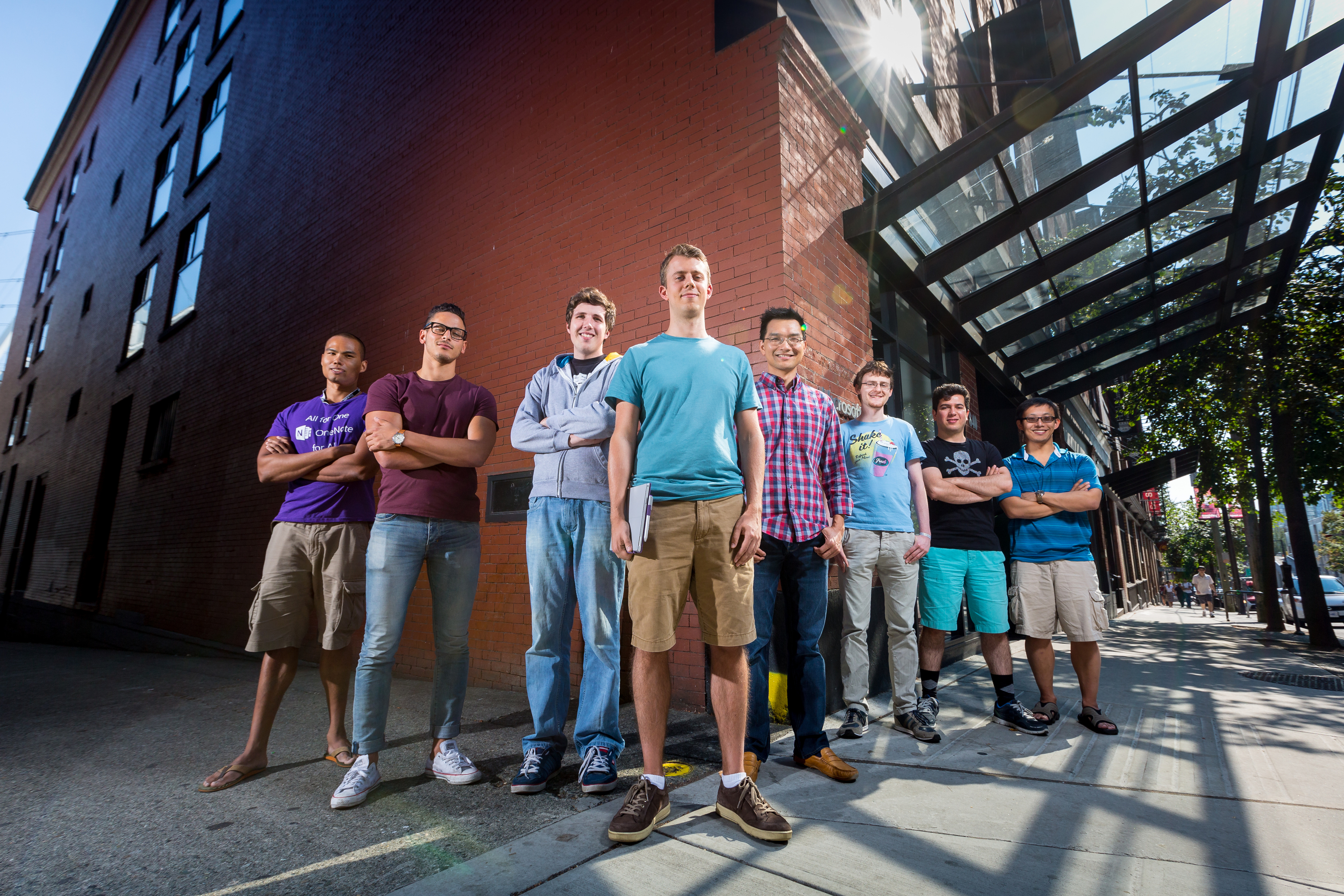 OneNote Hackathon finalists OneNote team in Vancuouver, Canada (left to right) Mark Flores, Alex Pereira, Sebastian Greaves, Pelle Nielsen, Scott Leong, Dominik Messinger, Reza Jooyandeh, Ken Wong on August 11, 2015. (Photography by Scott Eklund/Red Box Pictures) 