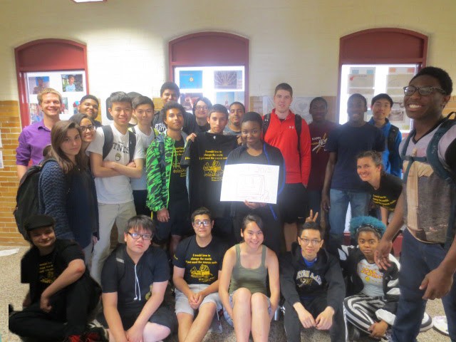 High school juniors and seniors in TEALS classes at the public Boston Latin Academy last year took this photo to thank their TEALS volunteers for the computer science education instruction they provided.