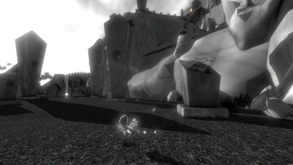 Scene in the Illan 3D puzzle and exploration game, where the protagonist strives to restore the lost colours of his world.
