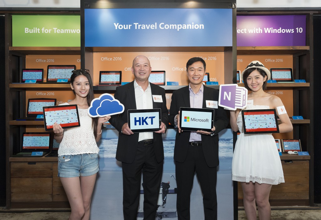 Horace Chow, General Manager, Microsoft Hong Kong(right), Tom Chan, Managing Director, Commercial Group, HKT(left) and the two models holding the latest devices which have Office 2016 and Windows 10 pre-installed.