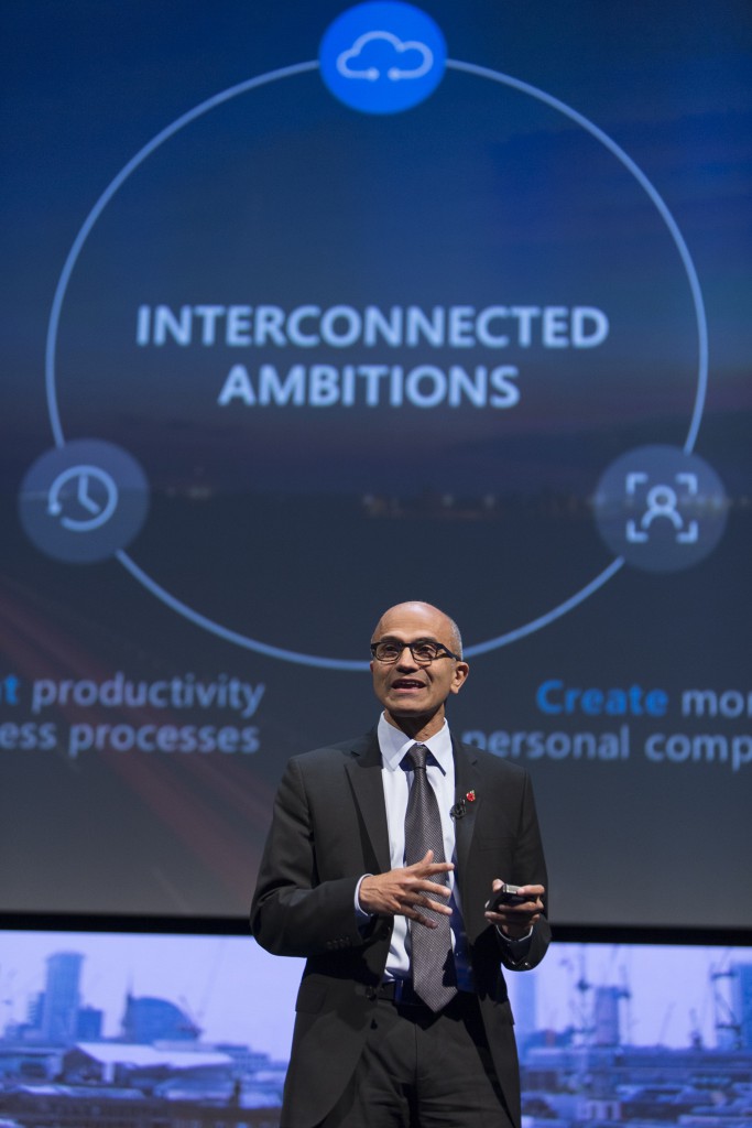 Satya Nadella, chief executive officer of Microsoft Corp., speaks during a keynote session on Future Decoded at the The ExCel, London on Tuesday, November 10, 2015. Photographer: Sebastian Devenish - Microsoft