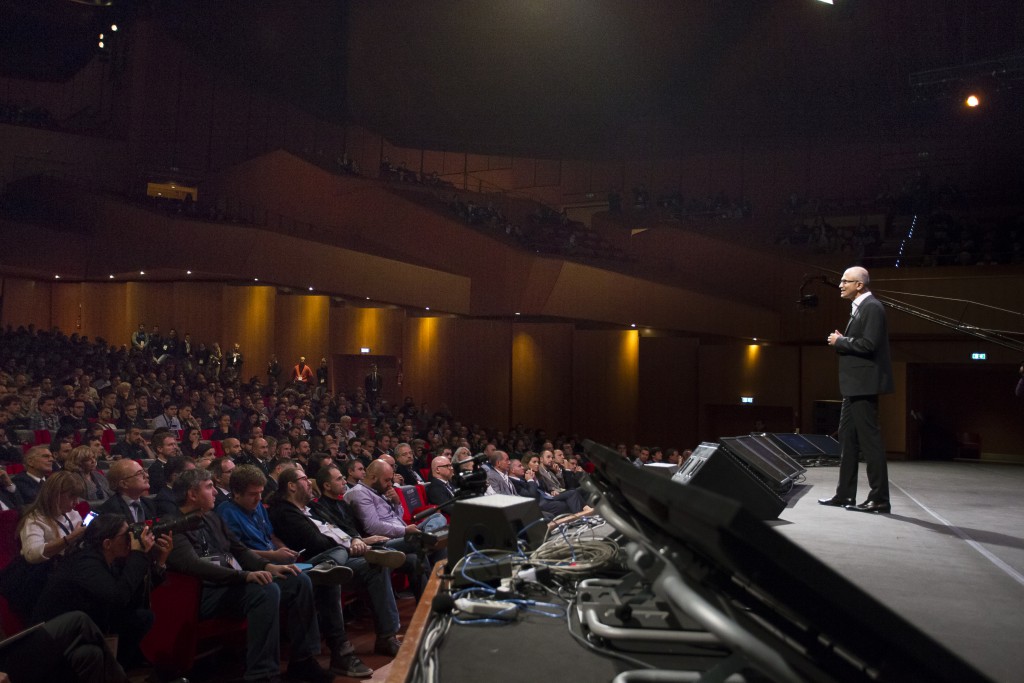 Satya Nadella, chief executive officer of Microsoft Corp on ‘Presenting to and then meeting with Microsoft customers (and Partners) on reinventing productivity at the Auditorium Parco della Musica, Rome on Thursday, November 12 2015. Photographer: Sebastian Devenish - Microsoft