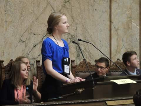 High school student Sydney Kleingartner makes closing remarks during the closing session of the 68th YMCA Youth Legislature.