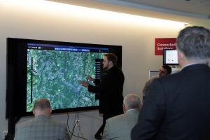 A Baker Hughes employee showcases the company’s FieldPulse analytics software on a Surface Hub in the Interactive Center of the Microsoft Technology Center in Houston.