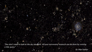 "No necesitas mirar más hacia el cielo. Toda tu investigación astronómica puede realizarse al efectuar una búsqueda en SQL." Dr. Alex Szalay | Figura 1: Objetos visibles de la Sloan Digital Sky Survey (SDSS, por sus siglas en inglés), en el conjunto de datos DR7.