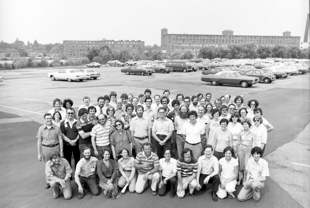 The VAX/VMS V1 development team outside "The Mill" in Maynard, Massachusetts.