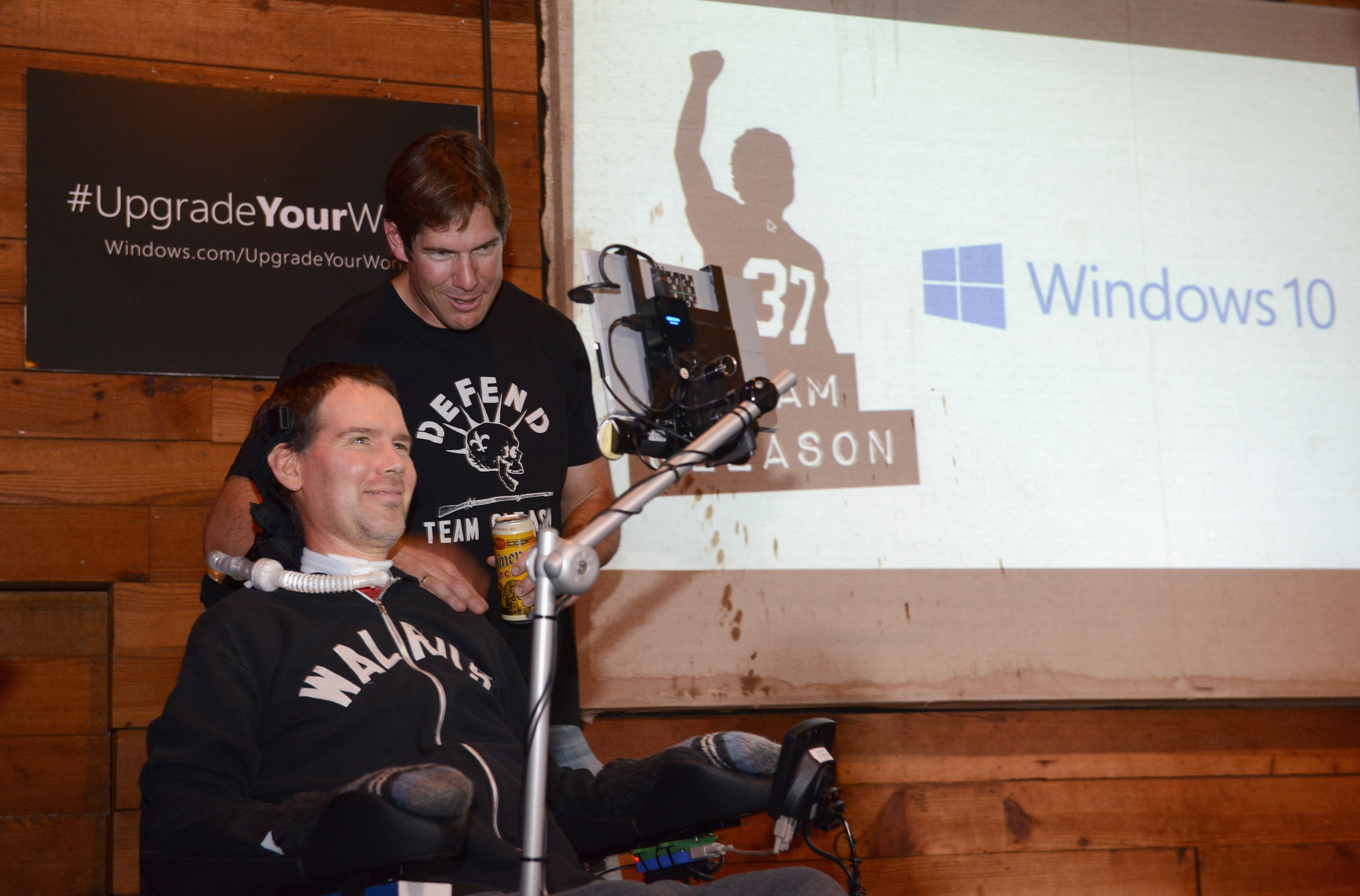 AUSTIN, TX - MARCH 11:  Former NFL Player and ALS Advocate Steve Gleason (L) and former NFL player and producer Scott Fujita speak onstage during a fireside chat with Steve Gleason hosted by Windows 10 and Team Gleason at SXSW at Mohawk on March 11, 2016 in Austin, Texas.  (Photo by Sasha Haagensen/Getty Images for Microsoft)