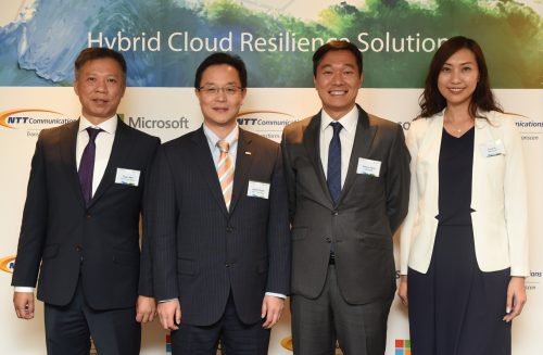 From left to right: Mr. Taylor Man, Chief Technology Officer, NTT Com Asia Limited, Mr. Hideaki Ozaki, President and CEO, NTT Com Asia Limited, Mr. Horace Chow, General Manager, Microsoft Hong Kong and Ms. Flora Yu, Cloud and Enterprise Business Group Lead, Microsoft Hong Kong announced the strategic partnership of NTT Communications Corporation and Microsoft Hong Kong to deliver a Hybrid Cloud Resilience Solution in Hong Kong to help enterprises meet the increasing need for business resilience.
