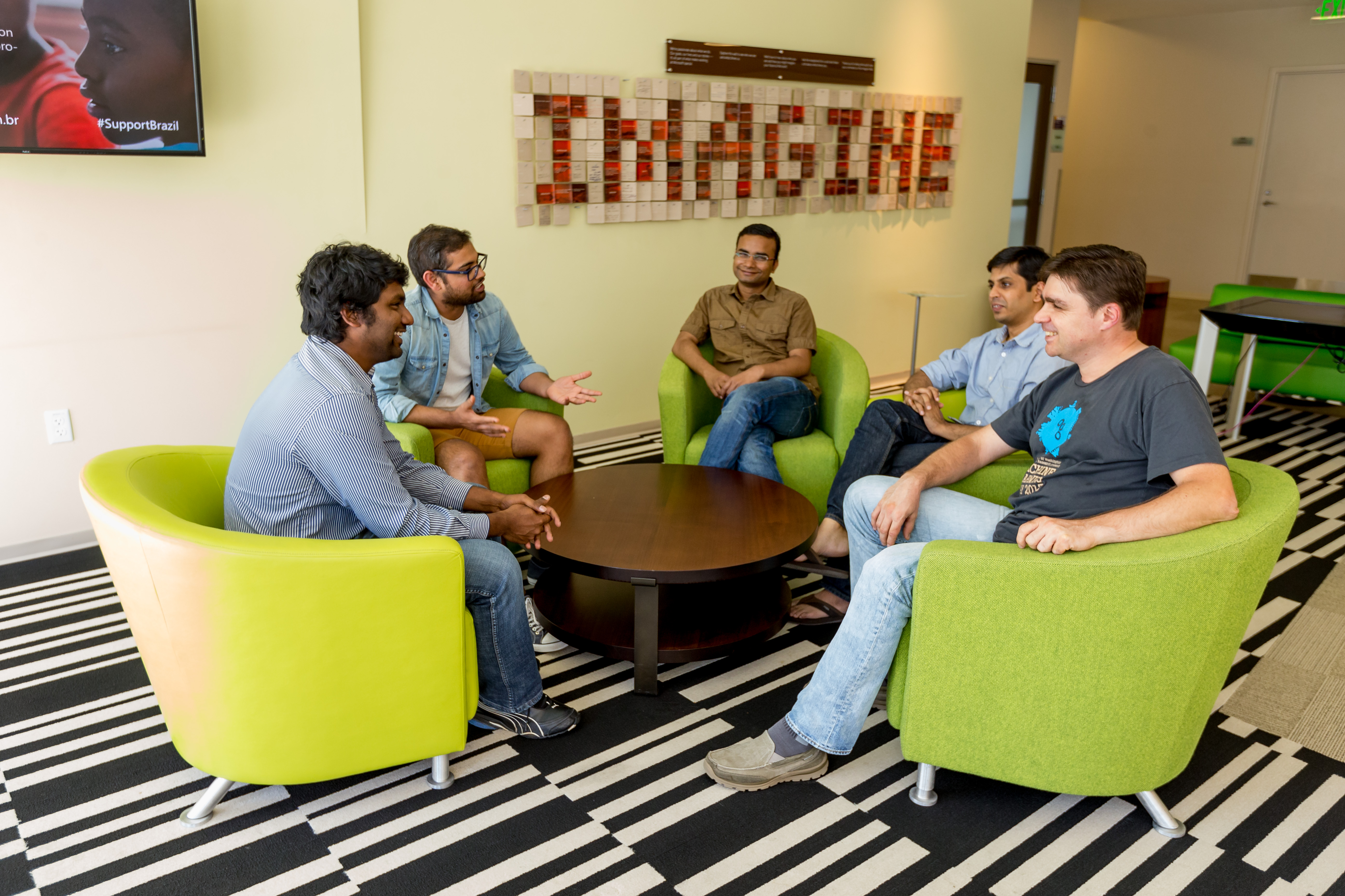 Microsoft Hackathon finalist Team Instafact (left to right)Srivatsava Darurui,  Rohit Paravastu, Rajeev Kumar, Deepak Zambre and Silviu Cucerzan at Bellevue Center on August 5, 2016. (Photography by Scott Eklund/Red Box Pictures)