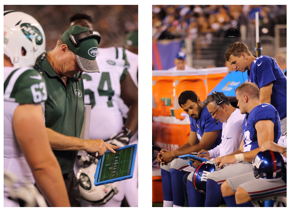 Players and coaches for the New York Jets and Giants use the Surface Pro 4 and SVS sideline system to evaluate plays