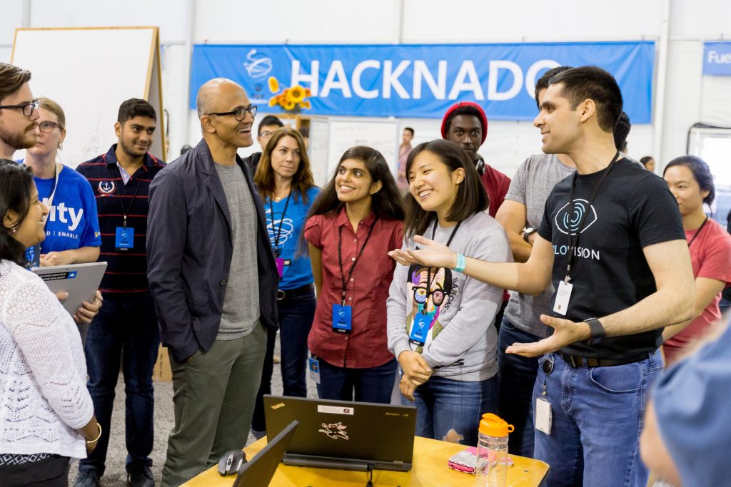Microsoft CEO Satya Nadella visited with teams during the 2016 Hackathon. (Photography by Scott Eklund/Red Box Pictures)