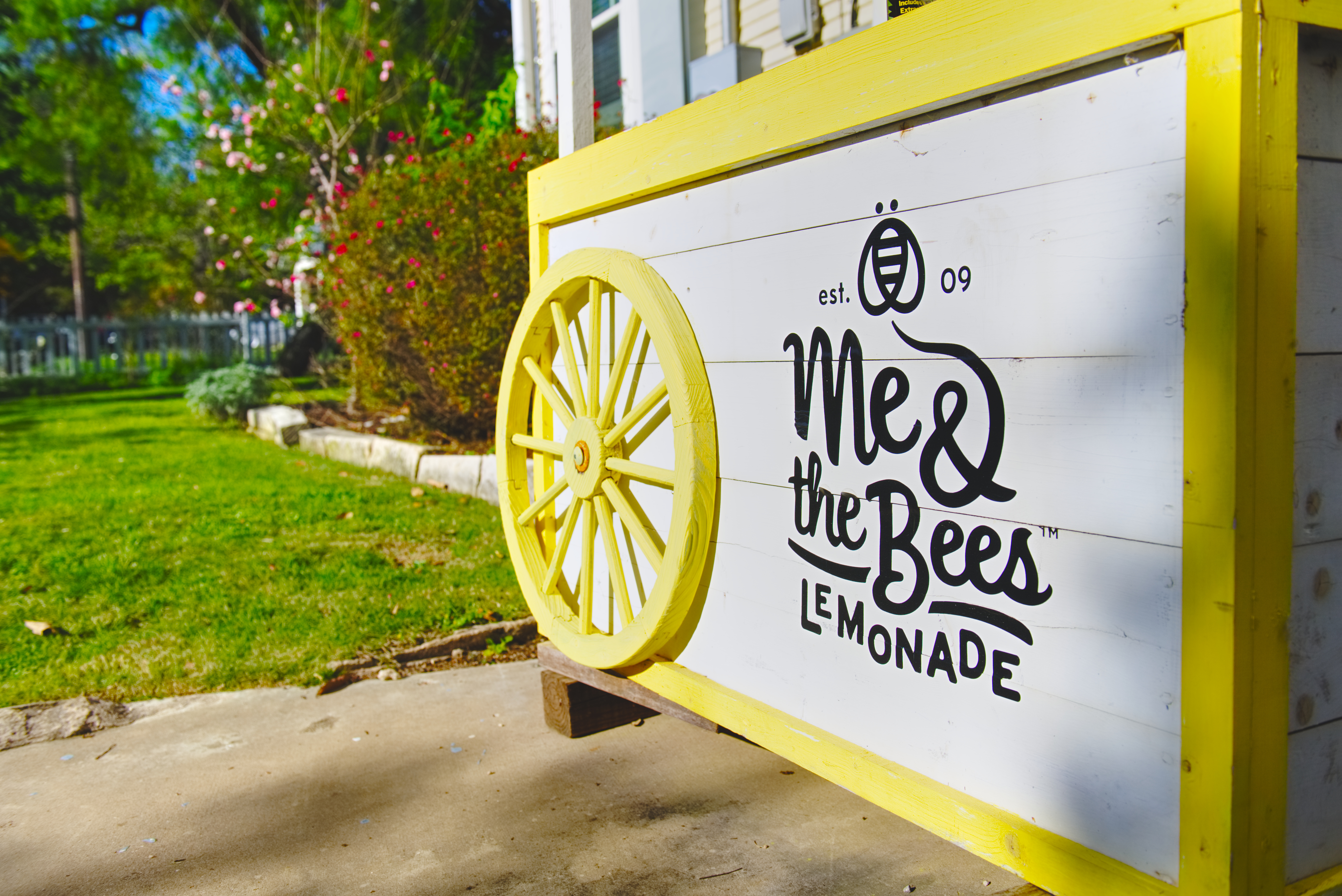 Photo of lemonade stand with words Me and the Bees Lemonade on side