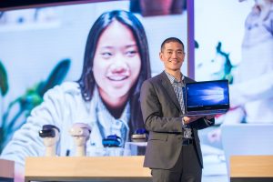 Peter Han, VP, Partner Devices and Solutions at Microsoft, shows the Samsung Notebook 9 Pro publicly for the first time during Microsoft’s Computex 2017 keynote.
