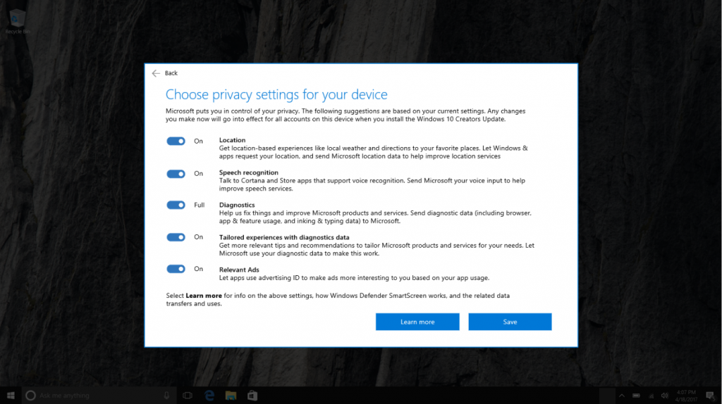 Windows 10 Creators Update Privacy