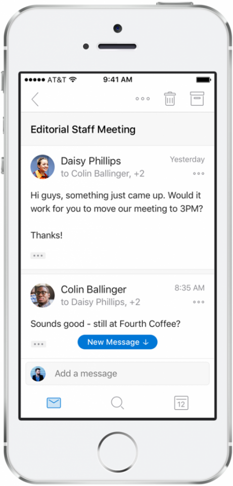 Новое представление беседы в Outlook для iOS отображает больше сообщений