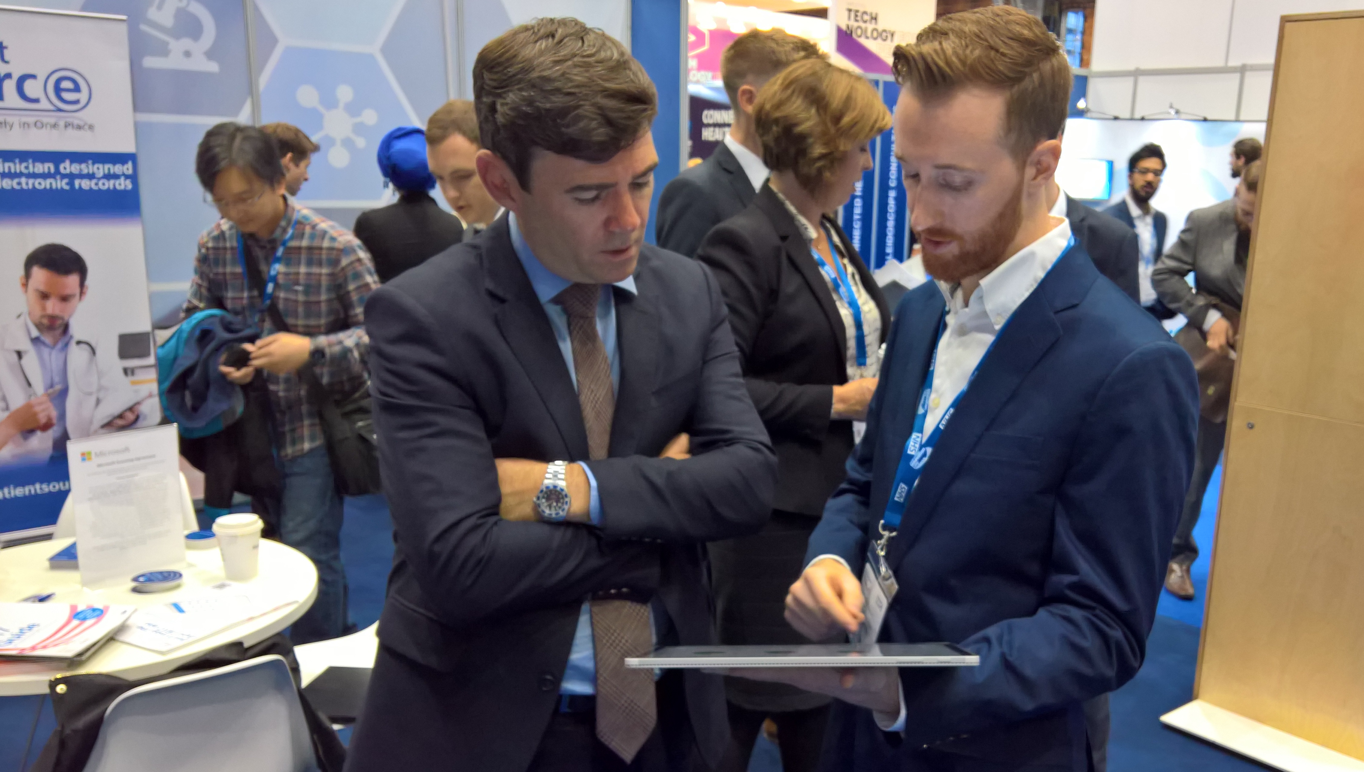Andy Burnham (left), Mayor of Greater Manchester, visits the Microsoft stand