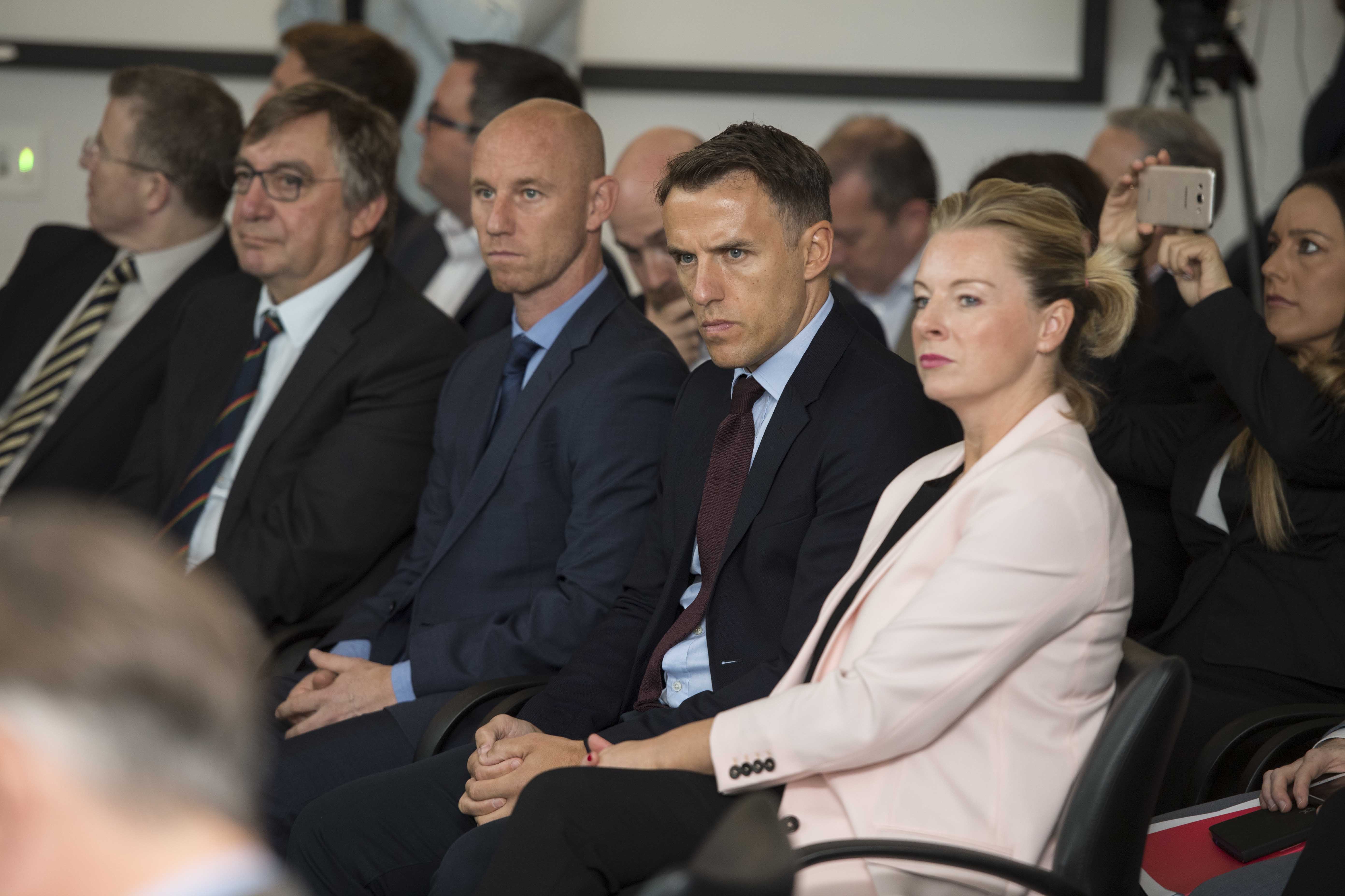 Former Manchester United footballers Nicky Butt (third from left) and Phil Neville (fourth from left) were also at the launch