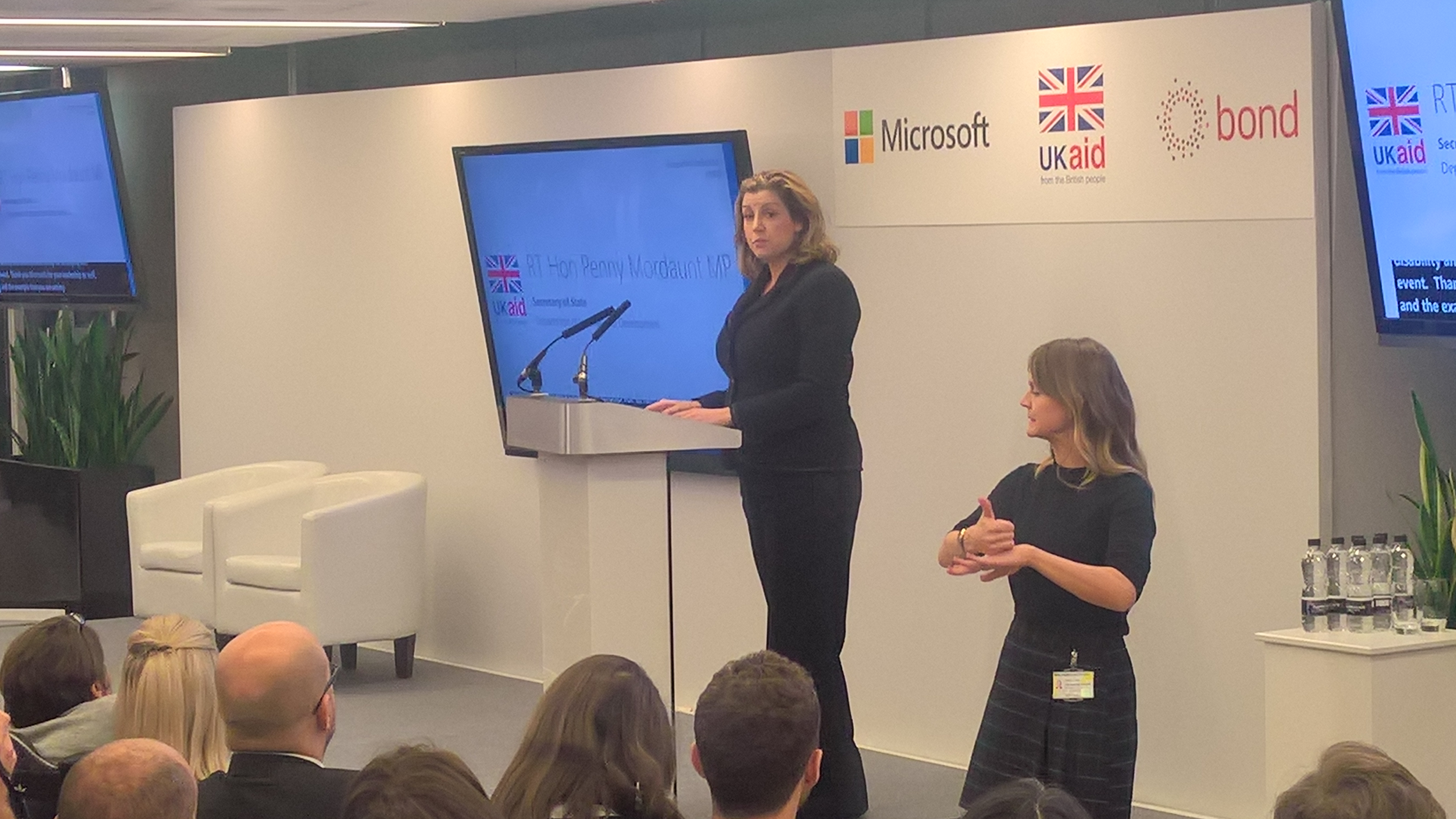 Penny Mordaunt, Secretary of State for International Development, speaks at an event at Microsoft's office in London