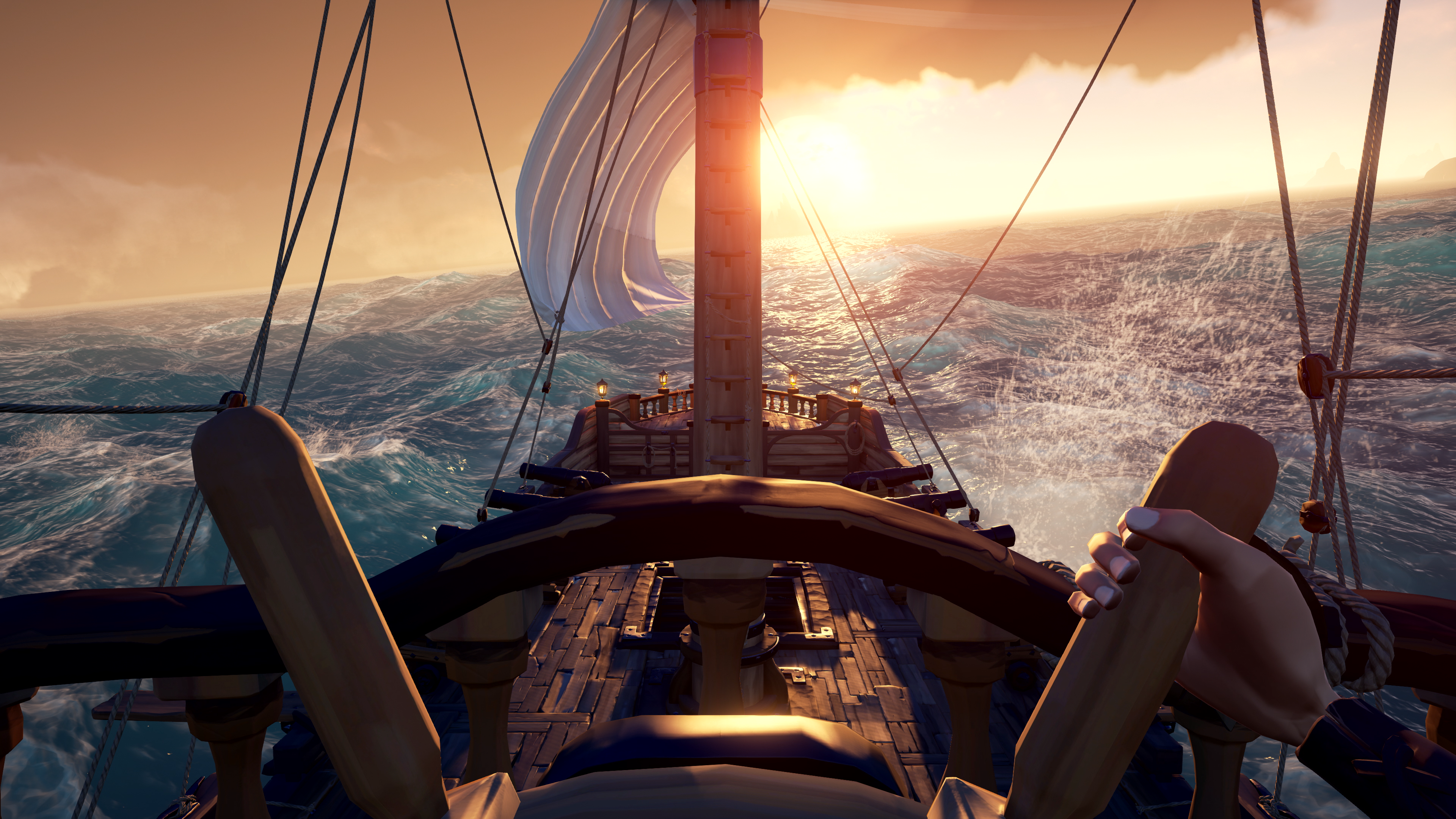Screenshot of Sea of Thieves, player steers pirate ship