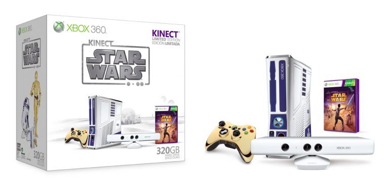 Microsoft unveiled a limited edition "Kinect Star Wars" bundle at the 41st annual Comic-Con International. The hardware includes an R2-D2-themed, 320 GB Xbox 360 console, which features unique sounds from the Star Wars movies; a Stormtrooper-white Kinect sensor; a gold C-3PO-themed Xbox 360 wireless controller; and an Xbox 360 wired headset.
