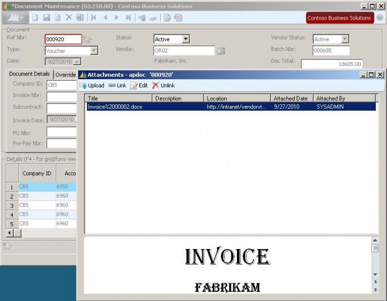 Attach original documents to ERP screens. The screenshot shows that the original vendor invoice has been attached to the Payables voucher for reference and can be viewed from the Attachments screen.