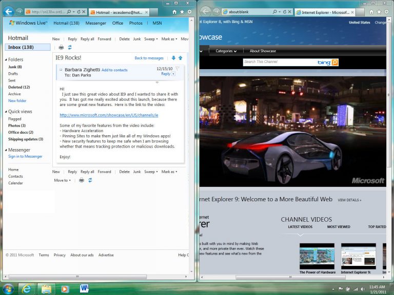 Internet Explorer 9 uses Aero Snap, shown with continuous video while tearing off tabs.