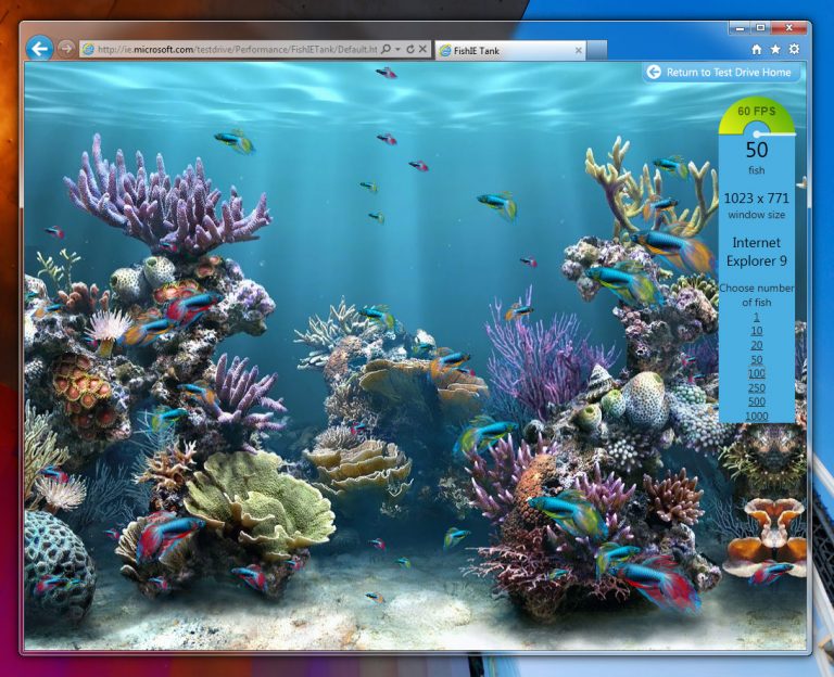 Internet Explorer 9 FishIE Tank demo illustrating full hardware acceleration, allowing text and graphics on the Web to take advantage of the entire PC via the GPU.