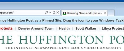 Huffington Post offers Internet Explorer 9 users a reminder that the site is easily pinned to the user’s taskbar.