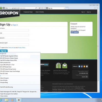 Groupon’s dynamic jump list offers Windows 7 users running Internet Explorer 9 access to recent deals specific to their location.