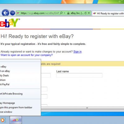 When pinned to a Windows 7 taskbar, eBay offers users quick access to various tasks via their dynamic jump list.