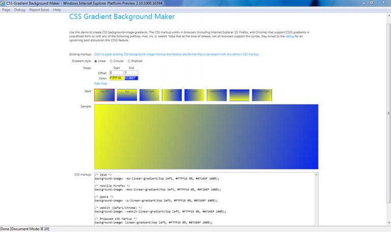 Internet Explorer 10 Platform Preview demo to create CSS background-image gradient using the same CSS markup as proposed by W3C.