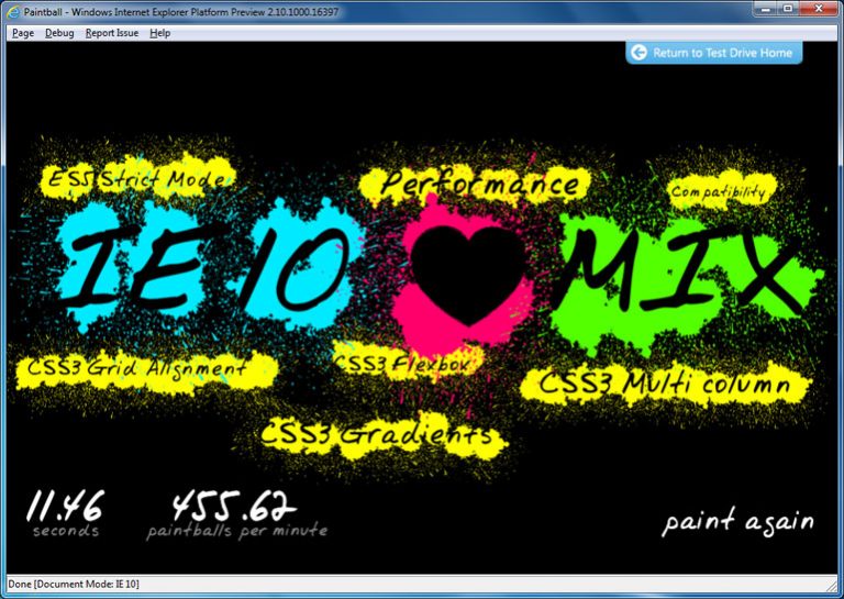 Internet Explorer 10 Platform Preview demo showing the impact of full hardware acceleration on HTML5 with paint ball animation.
