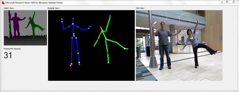 The Skeletal Viewer is a sample application by Microsoft Research utilizing the Kinect for Windows SDK.