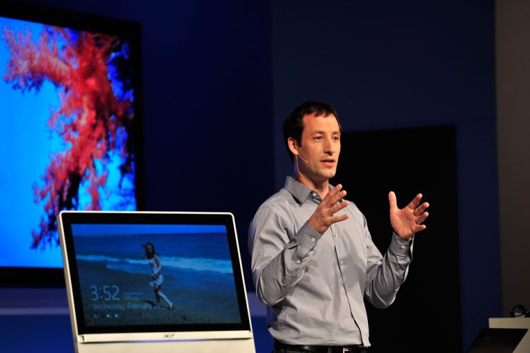 Antoine Leblond, Corporate Vice President, Windows Web Services, demonstrates some of the new functionality at the Windows 8 Consumer Preview event in Barcelona, Spain, February 29, 2012.