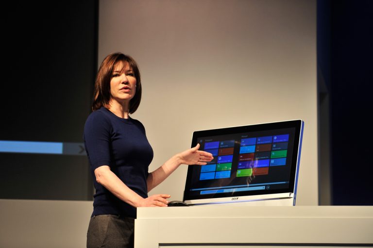 Julie Larson-Green, Microsoft Corporate Vice President, Windows Experience, demonstrates some of the latest technology at the Windows 8 Consumer Preview event in Barcelona, Spain, Feb. 29, 2012.