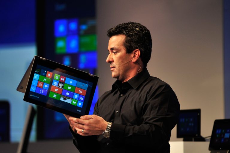 Corporate Vice President, Windows Planning, Hardware & PC Ecosystem, Mike Angiulo demonstrates some of the latest hardware at the Windows 8 Consumer Preview event in Barcelona, Spain, February 29, 2012.