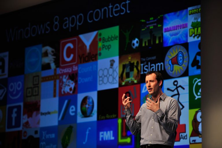 Antoine Leblond, Corporate Vice President, Windows Web Services, shows off new Metro style apps in the Windows Store as part of the Windows 8 Consumer Preview event in Barcelona, Spain, February 29, 2012.