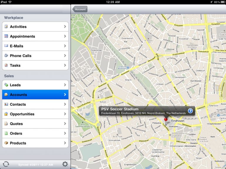 Microsoft Dynamics CRM Mobile account location view on iPad.