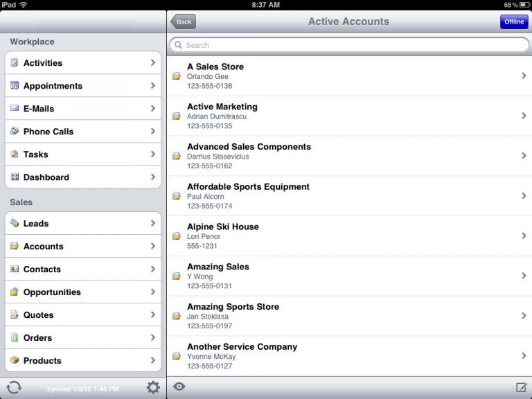 Microsoft Dynamics CRM Mobile active accounts view on iPad.