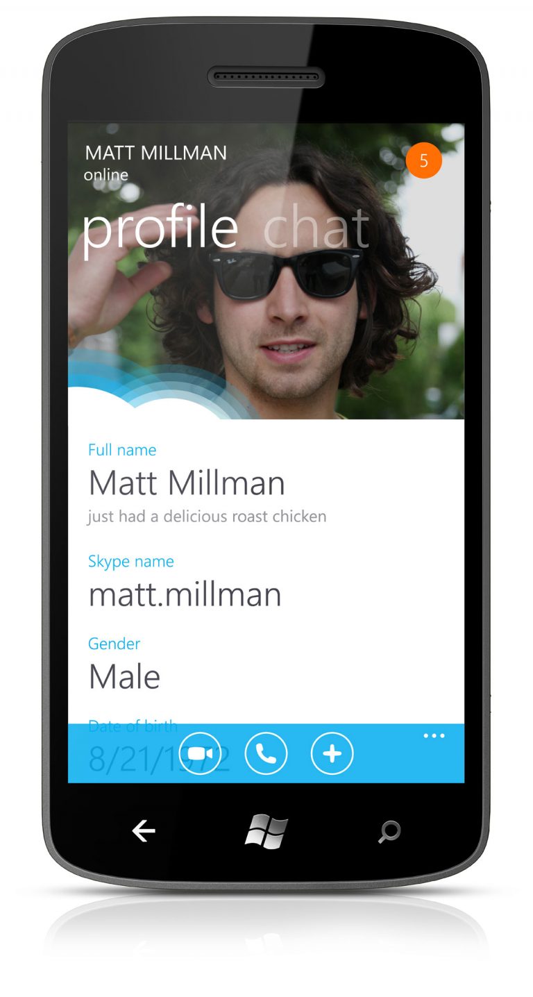 The Skype for Windows Phone app will allow you to view other profiles.