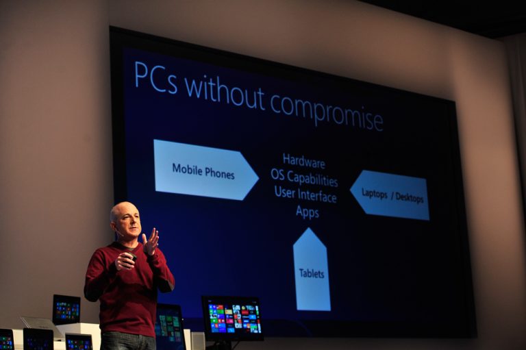 Steven Sinofsky, president of Windows and Windows Live Division, discusses some of the latest functionality of the Windows 8 Consumer Preview at an event in Barcelona, Spain, Feb. 29, 2012.