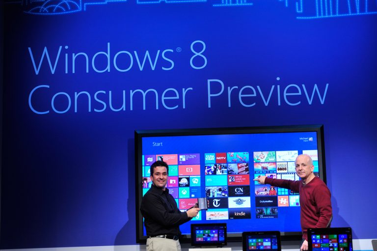 Steven Sinofsky, president of Windows and Windows Live Division, and Corporate Vice President, Windows Planning, Hardware & PC Ecosystem, Mike Angiulo highlight the Windows 8 Metro style UI at the Windows 8 Consumer Preview event in Barcelona, Spain. February 29, 2012.