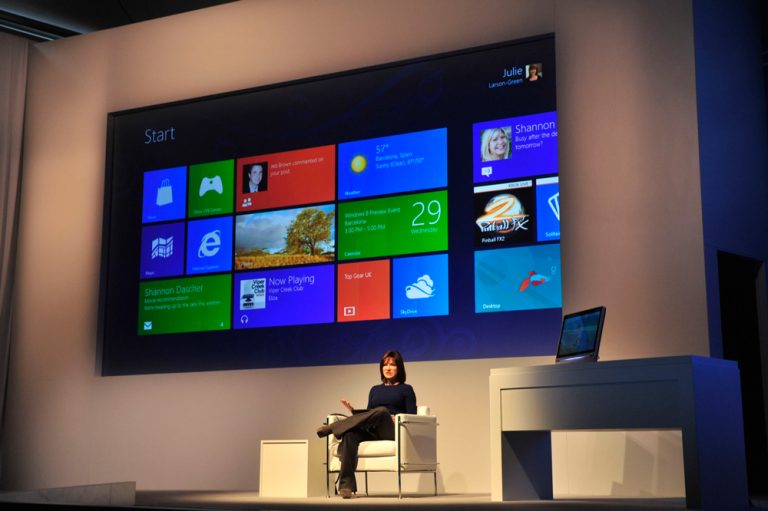 Julie Larson-Green, Corporate Vice President, Windows Experience, discusses the Metro style UI at the Windows 8 Consumer Preview event in Barcelona, Spain. February 29, 2012.