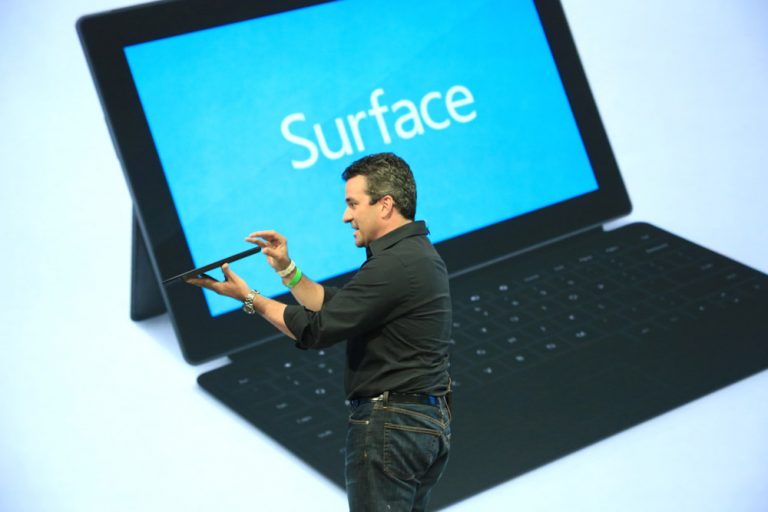 Mike Angiulo, Microsoft Corporate Vice President, Windows Planning, Hardware & PC Ecosystem, shows off Surface at an event in Hollywood, Calif.